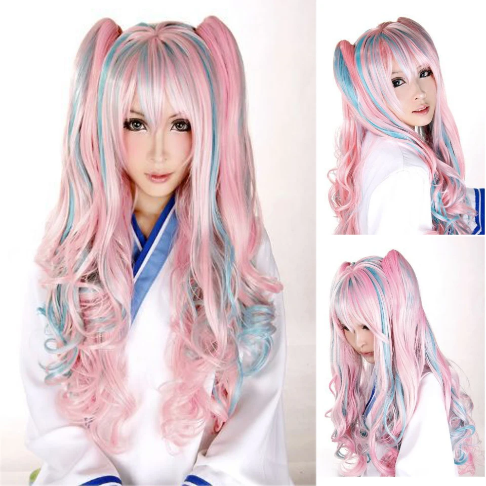 

MEIFAN Heat Resistant Synthetic Hair Wig with Two Wavy Clip Ponytails Mixed Blue Pink Color Cosplay Anime Wigs for Woman