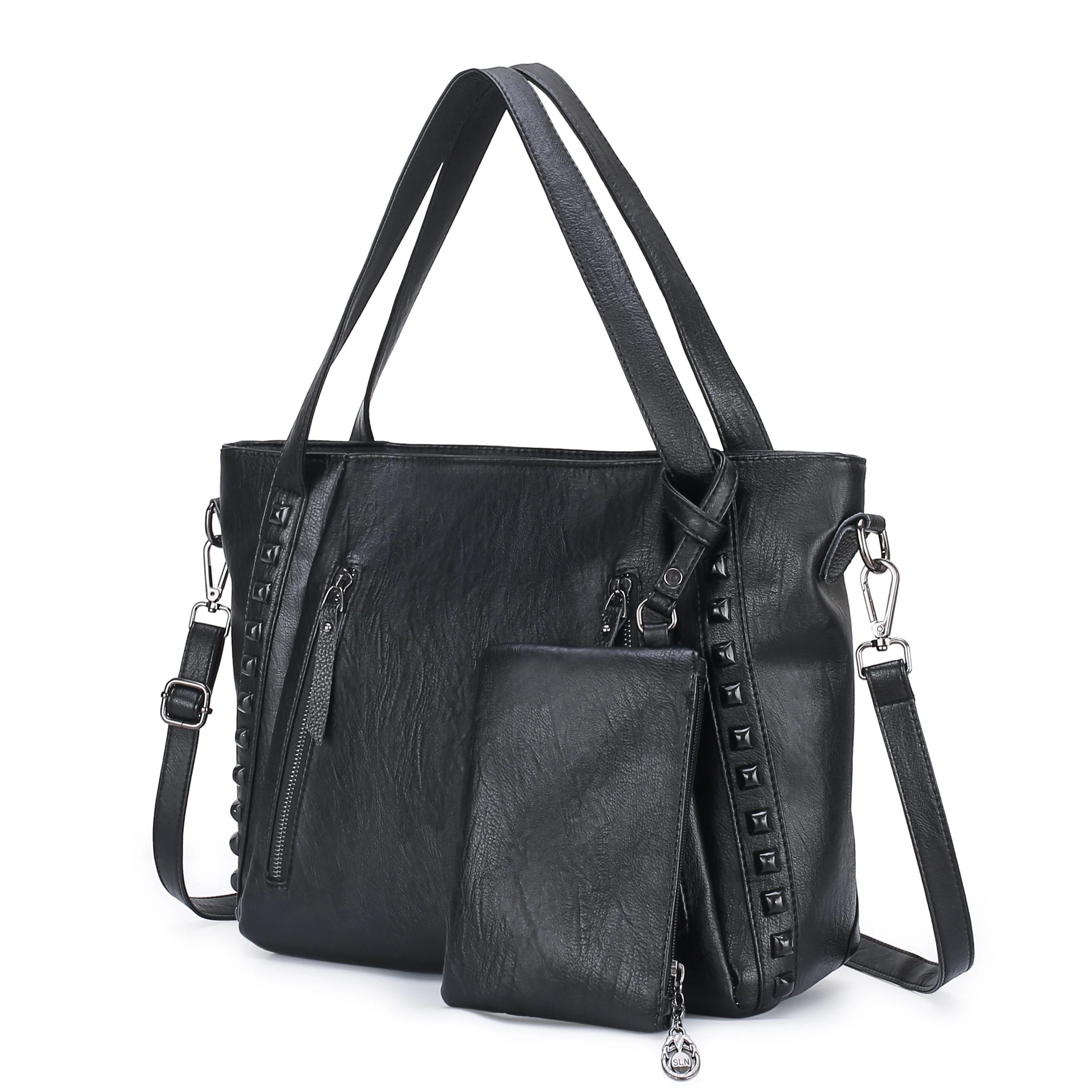 2 шт./компл. женская мягкая кожаная сумка большой емкости женская сумка через плечо дизайнерские сумки-шопперы для женщин с сумочкой - Цвет: Black