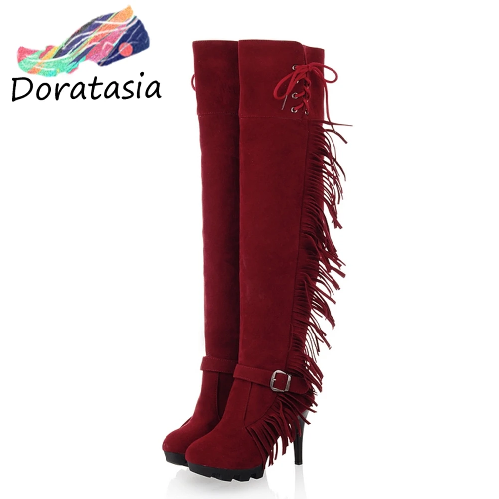 Dropship Classic Retro High Heels Party Fringes Boots Women Shoes Woman Winter Shoes Knee High Boots