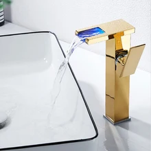 Short/High Brass Waterfall LED Bathroom Basin Faucet Cold Hot Mixer Crane Sink Tap Black Color Change Powered by Water Flow