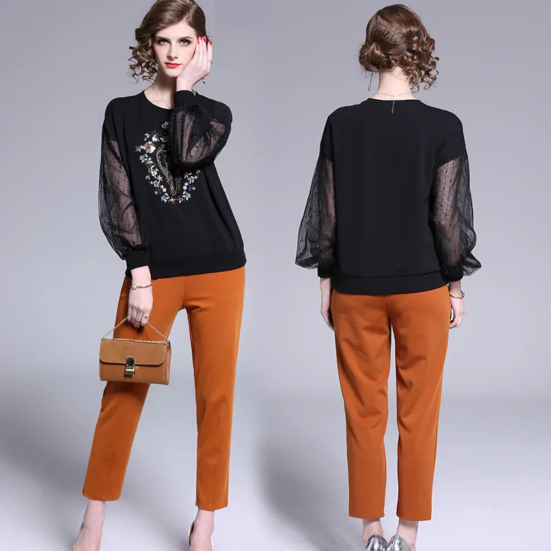

Ozhouzhan 2019 Spring New Style WOMEN'S Dress-Style Embroidery Beads Tops + Comfortable Slim Fit Trousers Two-Piece Set