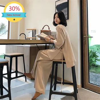 

Two Piece Set Knitting Female Sweater Pantsuit For Women Two Piece Set Knitted Pullover Long Sleeve Bandage Top Wide Leg Pants