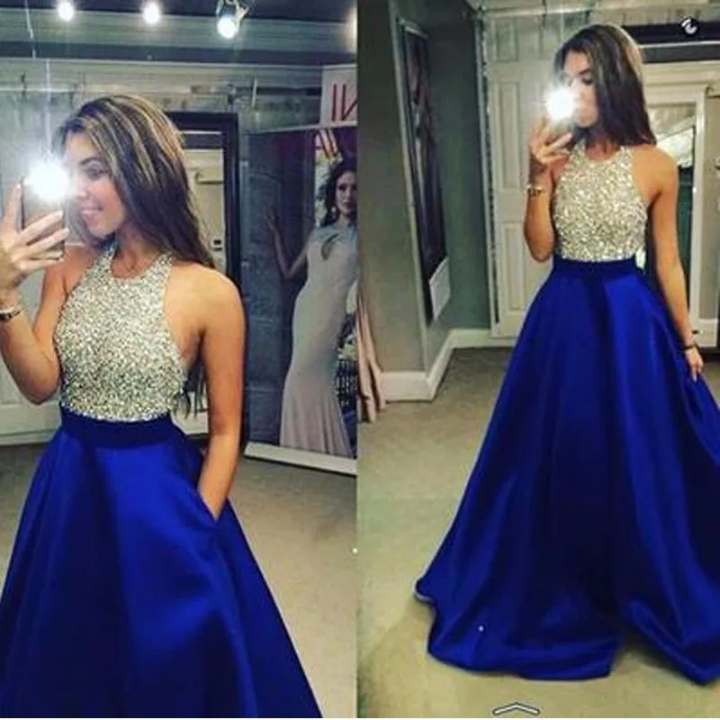 

Halter Beaded Long Prom Backless Party Silver Sequins Black Royal Blue Satin Ball Evening Gown 2018 mother of the bride dresses