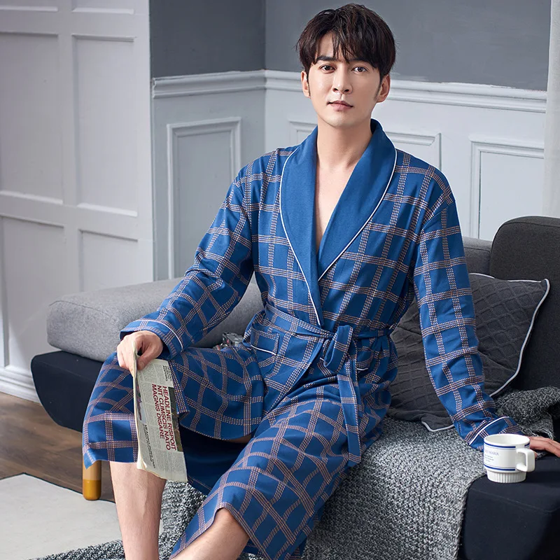 Men Casual Kimono Bathrobe Spring Autumn Cotton Long Robe Dressing Gown Plus Size M-4XL Sleepwear Nightgown Male Loose Home Wear red and black pajama pants Men's Sleep & Lounge