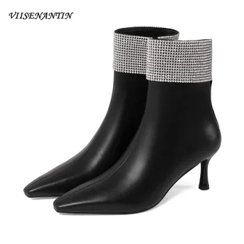 

Rhinestone Decor High-heeled Ankle Boots Women Stiletto Pointed Toe Autumn Winter New Black Sexy Wild Temperament Short Boots