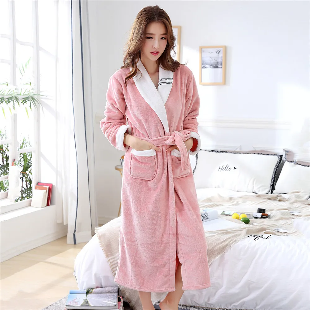 

Long Sleeve Women Sleepwear Thick Warm Home Clothing Coral Fleece Nightwear Nightgown Loose Kimono Bath Gown Lingerie Robe