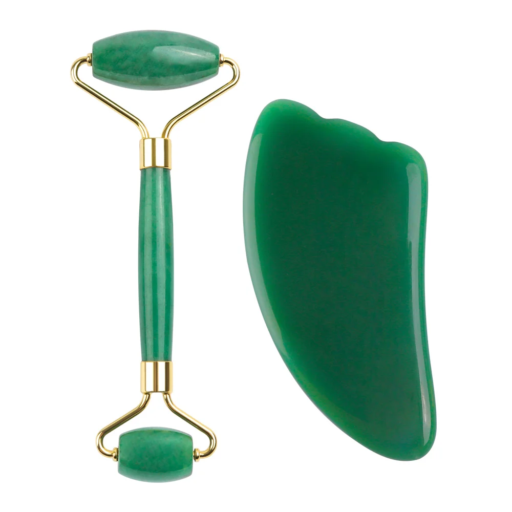 Green set No box Натуральный розовый кварц для массажа лица Кристалл Камень для тела нефритовый массаж Дерма ролик для ухода за кожей нефритовый ролик для удаления морщин инструмент для красоты - Цвет: Green set No box