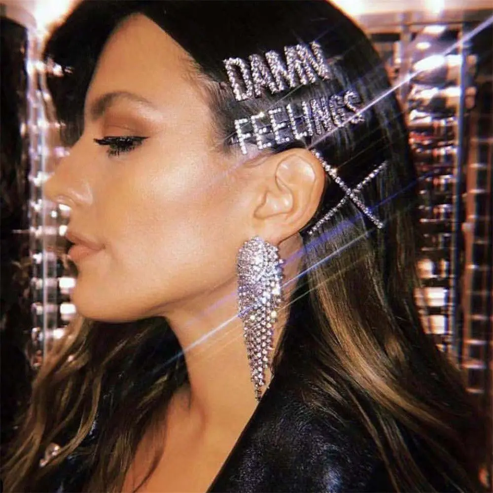 

New Fashion Crystal Hairpin Shiny Rhinestones GLAM DRIPPIN Letters Hair Clips Hair Accessories for Women Girls Drop shipping