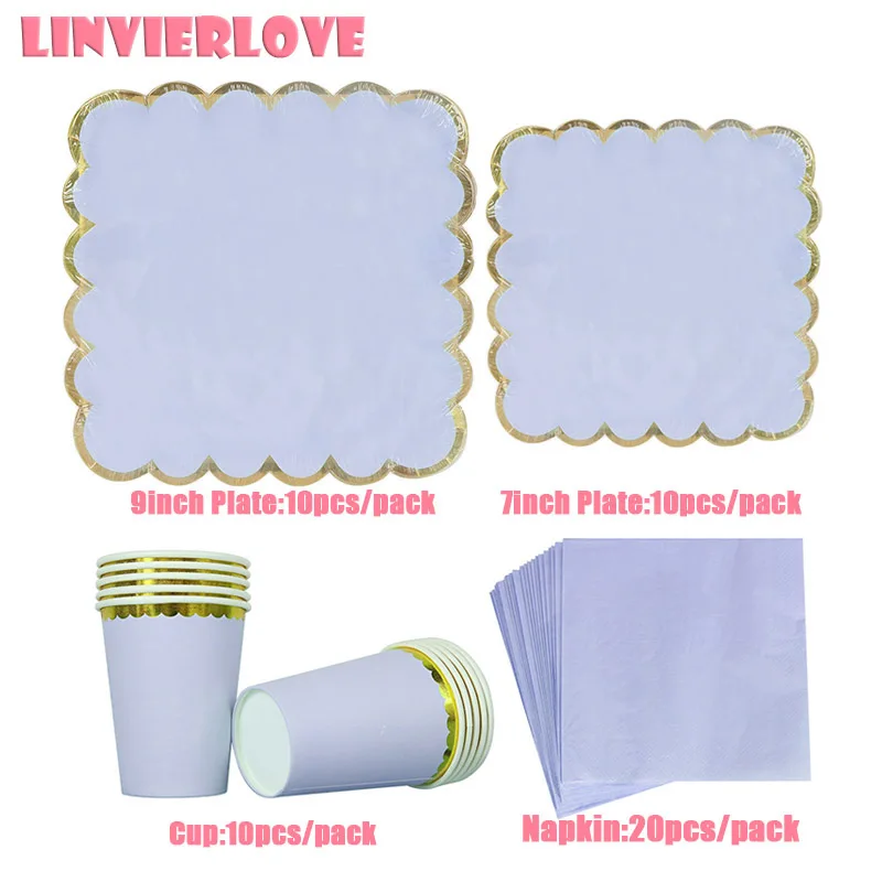 cheap LINVIERLOVE Solid Color Golden Rim Disposable Tableware For Wedding Birthday Purple Square Paper Plate Cup Napkin Party Supplies