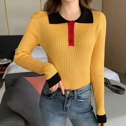 Милый свитер с длинным рукавом с отворотом и пуговицами, тонкий нижний вязаный свитер для женщин, модный простой однотонный тонкий свитер