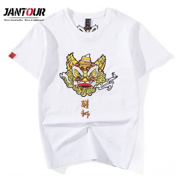 

Brand New summer wake lion embroidery 100% cotton T shirt men tide national tide loose short sleeve T-shirt male Big size M-4XL
