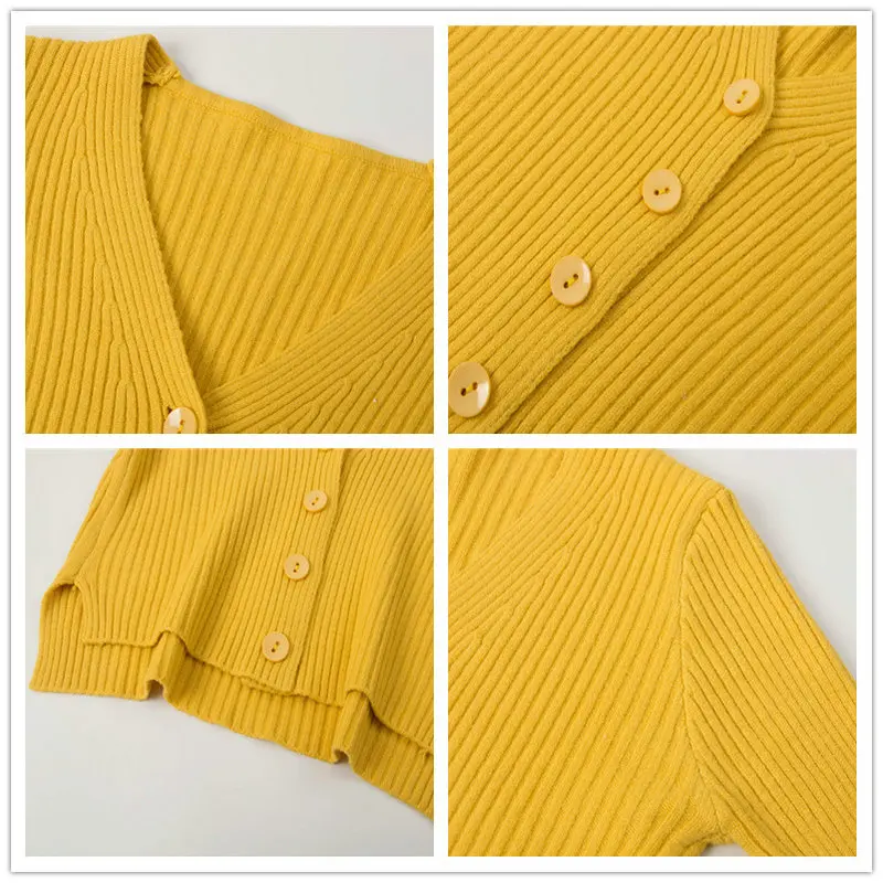 BOBOKATEER корейский стиль повседневная с v-образным вырезом желтая трикотажная укороченная женский кардиган Женская одежда Pull Femme Топы Осень