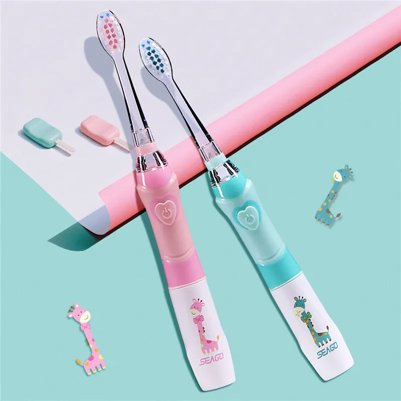 Seago Kid's Sonic Electric Toothbrush Battery Powered Colorful LED Smart Timer Tooth Brush Replaceable Dupont Brush Heads SG EK6