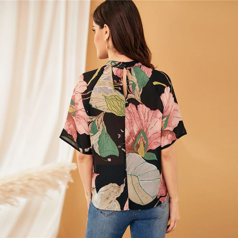SHEIN многоцветная блуза с воротником-стойкой, с растительным принтом, Топ для женщин, летние повседневные рабочие топы и блузки с коротким рукавом
