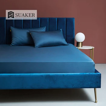 

Suaker 100% Cotton Pure Blue Fitted Sheet Soft Comfy Queen King Bed Sheet Flat Sheet With Elastic Band Pillowcase Free Shipping