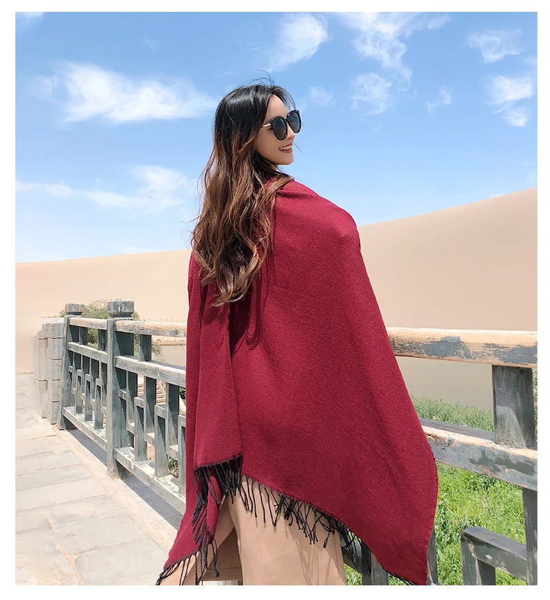 Autumn Winter Scarf Poncho Imitation Cashmere Thick Warm Tassel Pocket Cloak Oversized Travel Shawl Mantle Women Scarves
