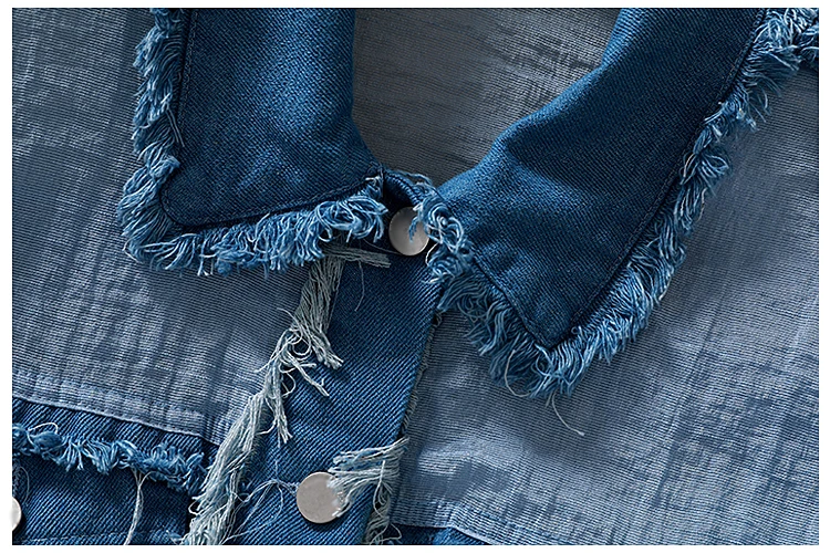 New Raw Edge Denim Stitching Shirt Women Streetwear Long Sleeve Lapel Ripped Denim Blouse Female Students Loose Oversize Blusas