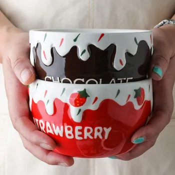 

Cute Thick Three-dimensional Relief Ceramic Strawberry Multi-size Breakfast Household Fruit Salad Rice Noodle Rice Bowl Single