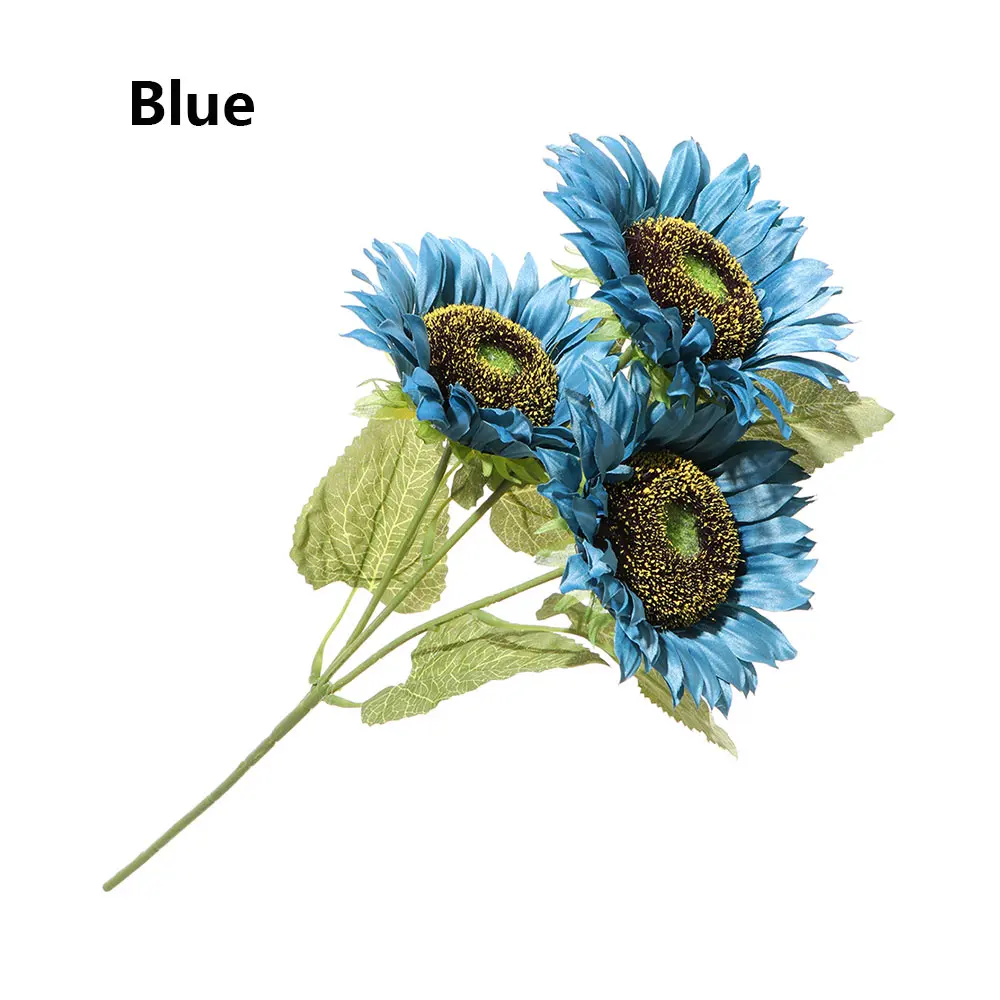 Silk Artificial Flowers Bouquet Autumn Decoration 3Heads Yellow Sunflower For Home Decoration Office Party Garden Decor - Цвет: Синий