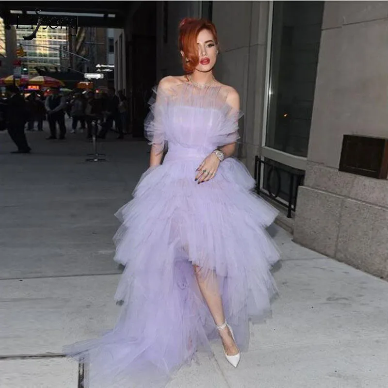 New Arrival Hi Low Long Evening Gown Lavender Layered Tulle Long Prom Party Dresses Asymmetrical Ruffle Trendy Party Wear Custom