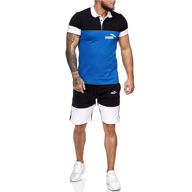 

Men Sweat Suit Set Summer Patchwork Mens Track Suit Set Short Sleeve Single-button Polo Shirt and Short Pants Casual Mens Sets