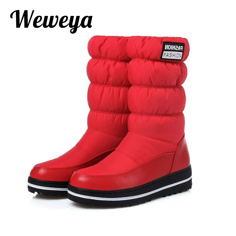 Weweya зимние сапоги до середины икры с эластичным ремешком; цвет красный, черный, синий; женские кроссовки на платформе; женские теплые плюшевые сапоги с мехом высокого качества