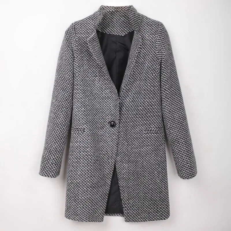 Осенняя и зимняя куртка Женский костюм; пальто с воротником в клетку тонкое утепленное шерстяное пальто средней длины куртка 4XL - Цвет: Grey
