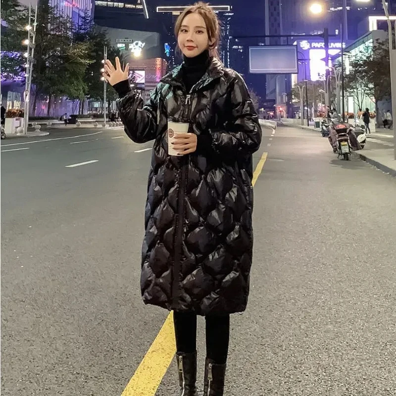 

Long Coats For Winter Women Thick Warm Parkas Glossy Stand Collar Knit Cuff Down-Cotton Clothes Korean Fashion Loose Overcoat