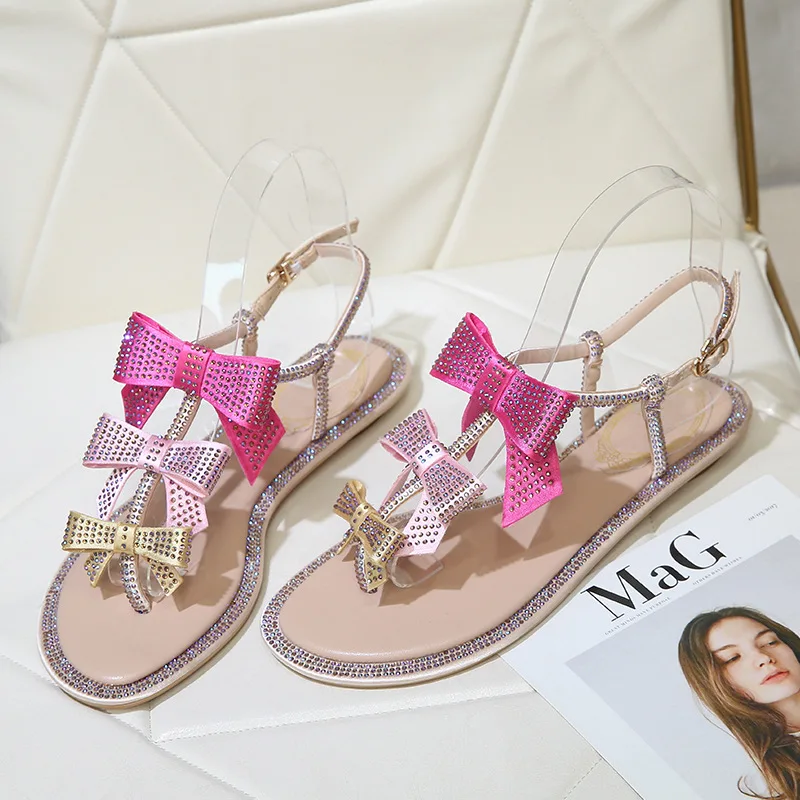 

2019 New Style RC Bow Man-made Diamond Sandals Summer Fairy-Style Flat WOMEN'S Genuine Leather Shoes Holiday Split Toe Sandals