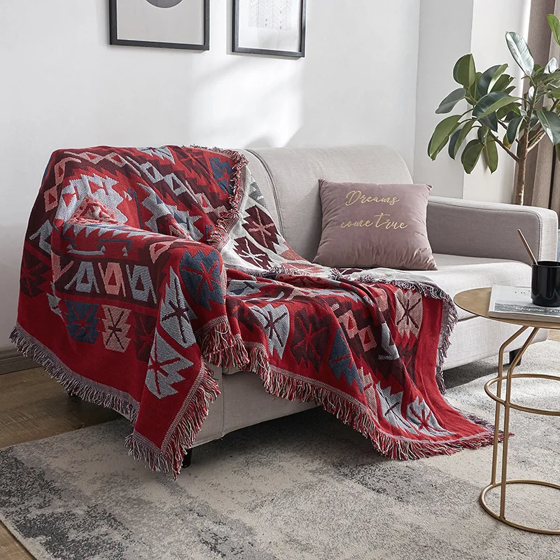 

Polyester Cotton Soft Sofa Cover Red Geometry Sofa Blanket American Sofa Cushion Three Person Cover Thickening Sofa Towels Cover