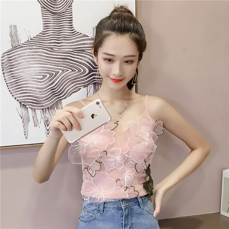 

Summer Flower Embroidery Knitted shirt Stitching Sexy Camis Top Casual Women Tank Tops