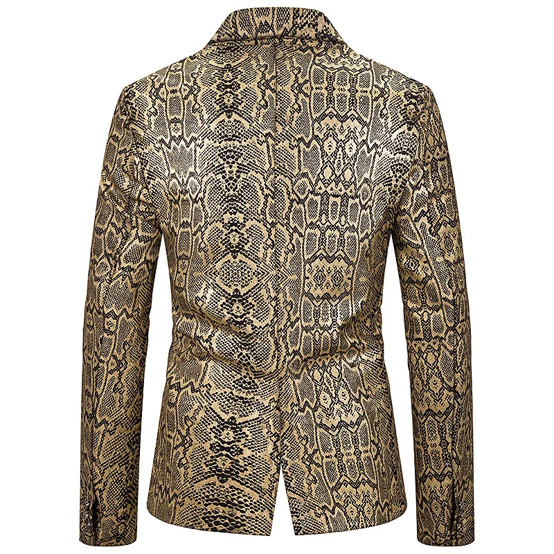 Slim Fit Для мужчин вечерние пиджак золотистого цвета со змеиным узором; однобортная куртка мужская обувь для ночного клуба Dj Rock Band Сценические костюмы для выступлений; танцевальная одежда