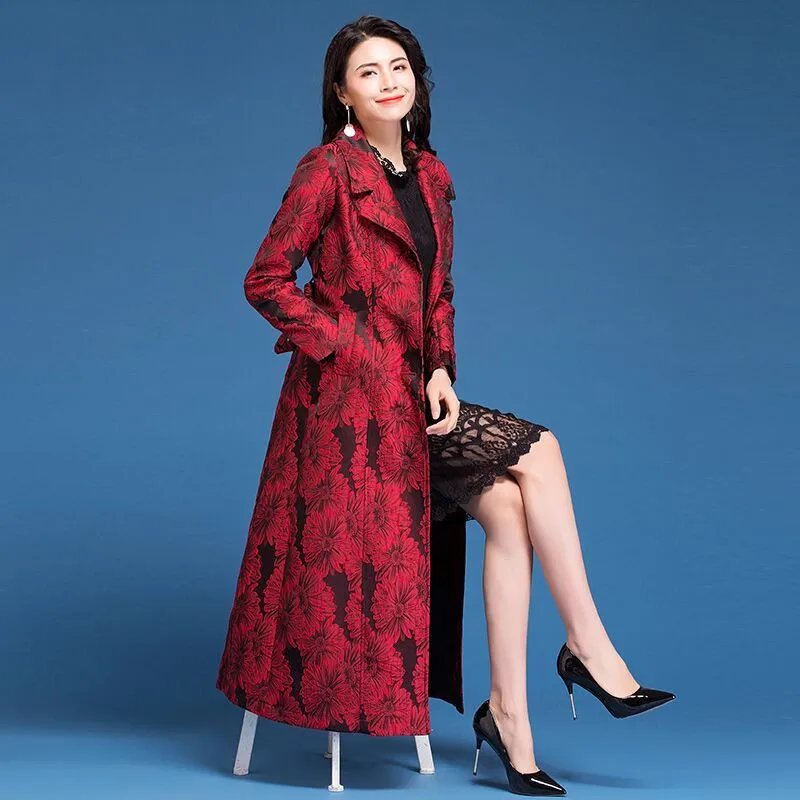 2020 Spring Autumn Trench Coat Women Fashion WIth Belt Vintage Loose Long Coat Windbreaker Female Casual Print Red Abrigos Mujer