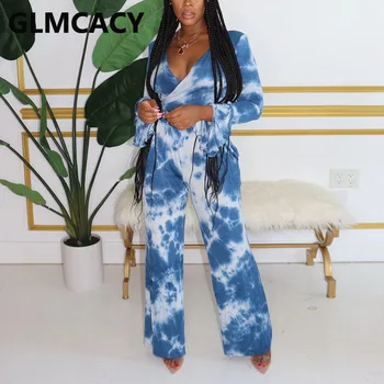 

Women Two Piece Tie Dye Suits Long Sleeve V Neck Crop Top and Loose Pants Set