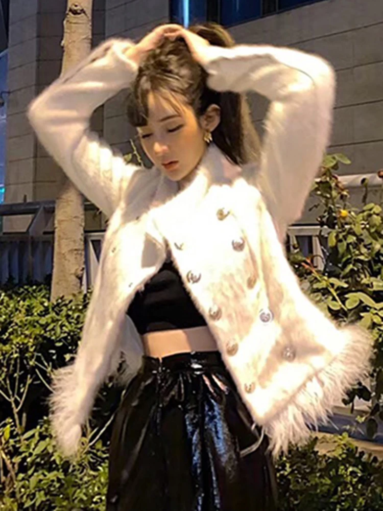ECRURANI Black Elegant Patchwork Feather Coat For Women Stand Collar Long Sleeve Casual Solid Jacket Females 2021 Autumn Clothes