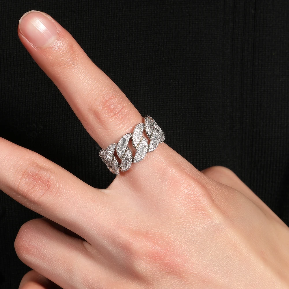 THE BLING KING Miami Cuban Link Ring Full Paved Out Baguettecz Cubic Zirconia Engagement Ring HipHop Punk Jewelry For Men Women