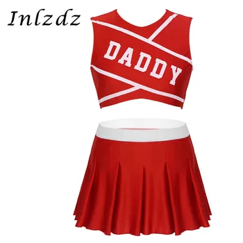 

Women's Fancy Cosplay Costume Charming Cheerleader Round Neck Crop Top with Mini Pleated Skirt Role Play Dancing Clothes