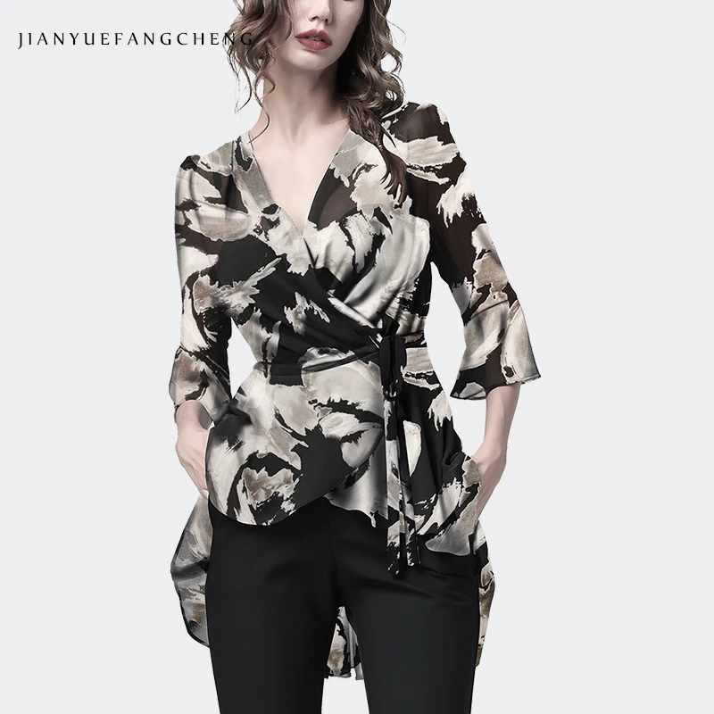 

Camo Color Women Chiffon Blouse With Bra Long Tail V Neck Irregular Ruffle Top Spring Summer Elegant Slim Ladies Casual Shirt