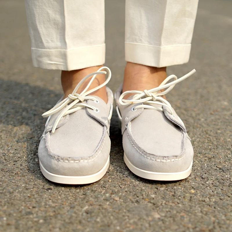Spring Autumn Grey Men Boat Shoes Lace Up Make Hand Low-heeled Flat Shoes Business Leather Casual Shoes Breathable Men's Shoes