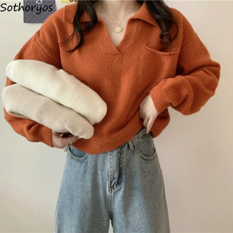 

Women Pullovers Sweater Solid V-Neck Slim Trendy Females Leisure Chic Elegant Loose Knitted Long Sleeve Korean Style Outwear New