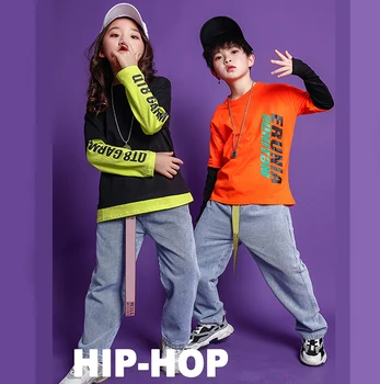 

Children's hip-hop dance suit Boys Girls hiphop jazz dance Costumes Street Ballroom Fluorescent green Tops jeans Girls Pop Wear