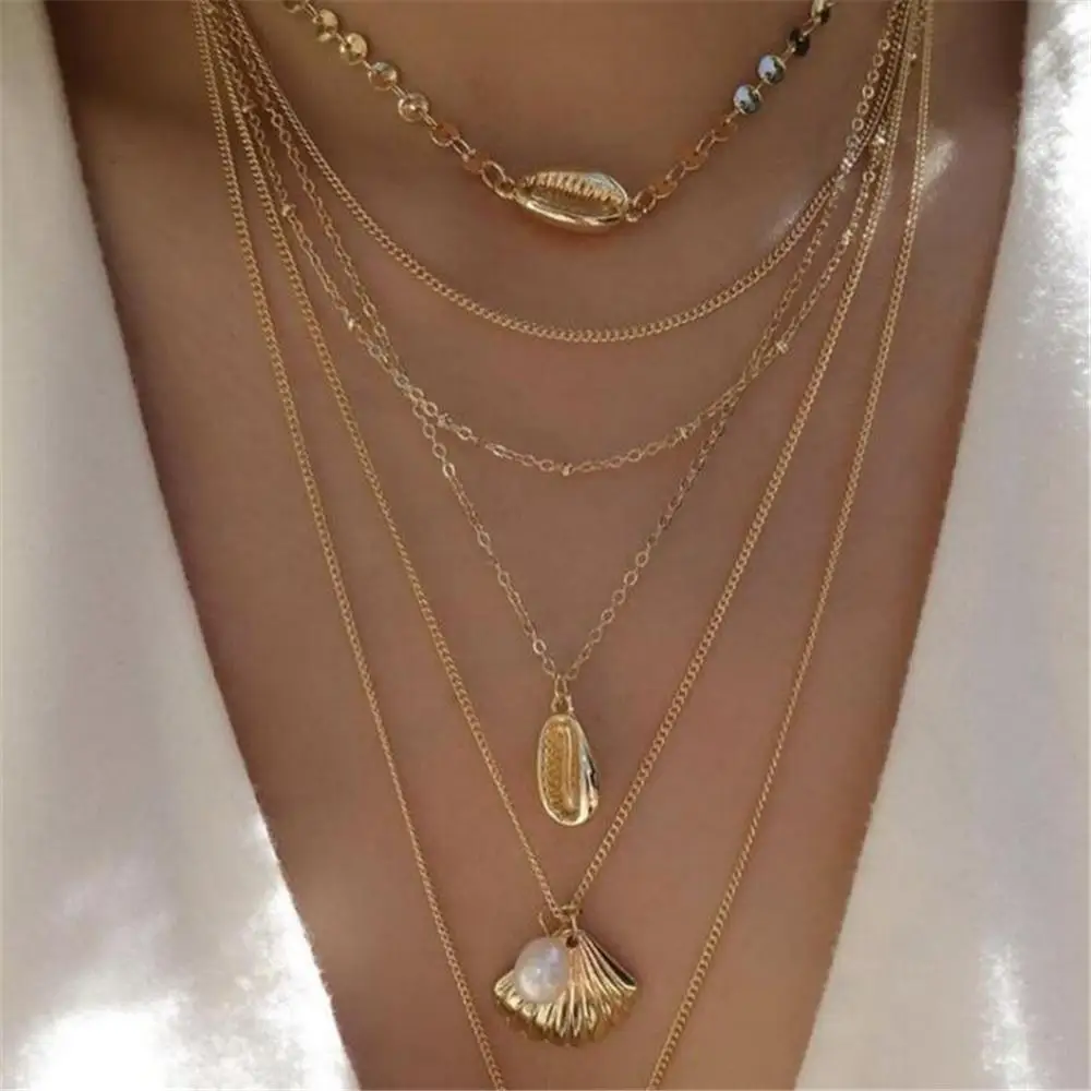 

8 Style Bohemian Multi-layer Shell Necklaces for Women Boho Vintage Gold Chain Long Statement Necklace Pendant Choker Jewelry