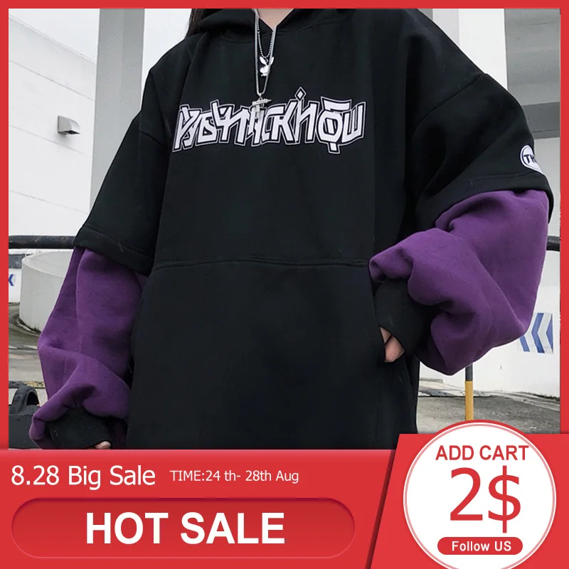 

Rosetic HOT Women Winter Hoodies Oversize Hooded Thick Gothic Hoodies Warmness Harajuku Letter Patchwork Pullovers Sweatshirts