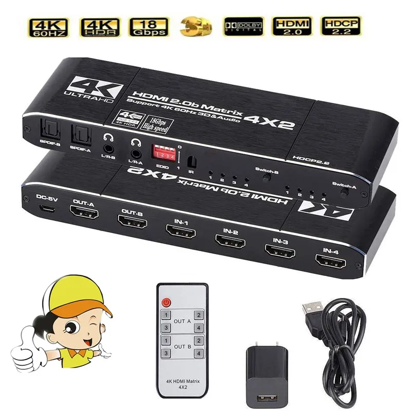 Матричный переключатель сплиттер 4x2 с SPDIF и L/R 3 5 мм HDR HDMI-совместимый Поддержка HDCP 2