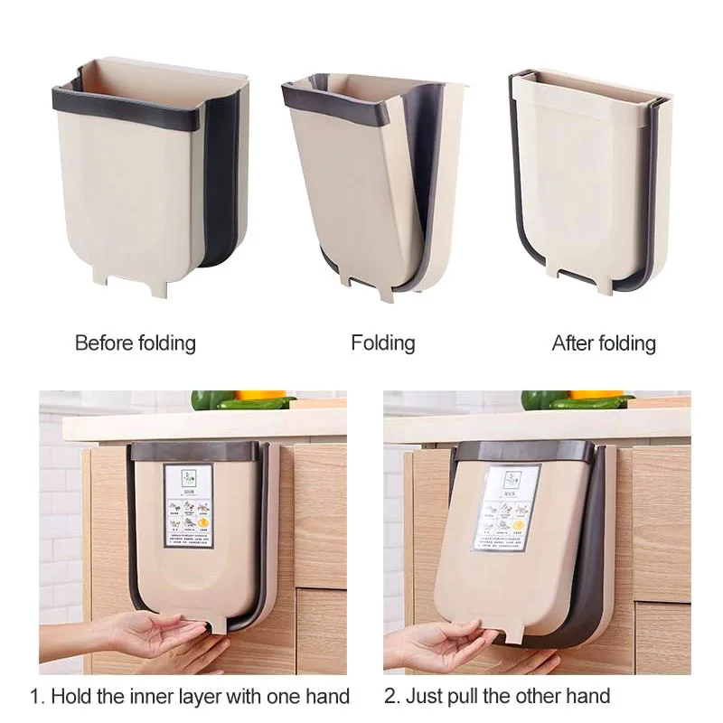 Folding Trash Bin Kitchen Cabinet Door Hanging Garbage Can Wall Mounted Trashcan for Bathroom Toilet Waste Storage