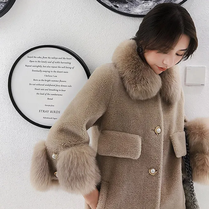 Женская зимняя теплая меховая куртка из натуральной шерсти, жилет, Женское пальто с воротником из натурального Лисьего меха F18002 - Цвет: khaki