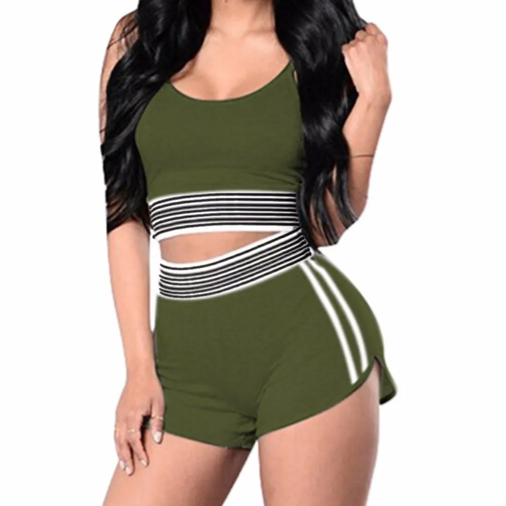 

20# Women's Casual Simple Vest 2020 Women Fashion Sexy Solid Color Striped Sexy Sports Active Vest Shorts 2 Pieces Of Sportswear