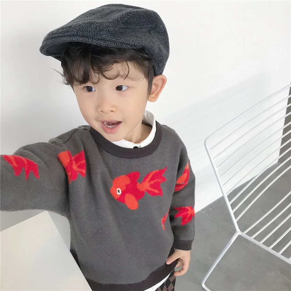 Tonytaobaby/Зимний Стильный Простой свитер в китайском стиле с золотой рыбкой для мальчиков и девочек; детские свитера