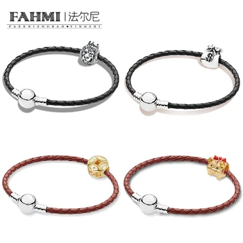 

2020 100% 925 Sterling Silver 1:1 SHINE PIGGY BANK Good Fortune Coin Money Bag Lion Head Beads Braided Leather Bracelet Set