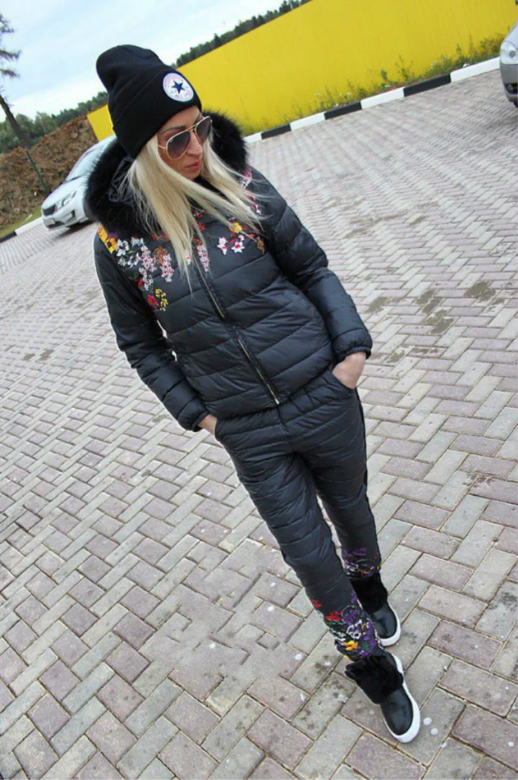 FORERUN куртка женская зимняя меховая парка с капюшоном костюмы комплект из 2 предметов цветочный принт Повседневный хлопковый стеганый лыжный костюм-20 градусов верхняя одежда